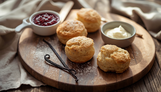 Freshly baked vanilla bean scones on a rustic wooden board with clotted cream and jam