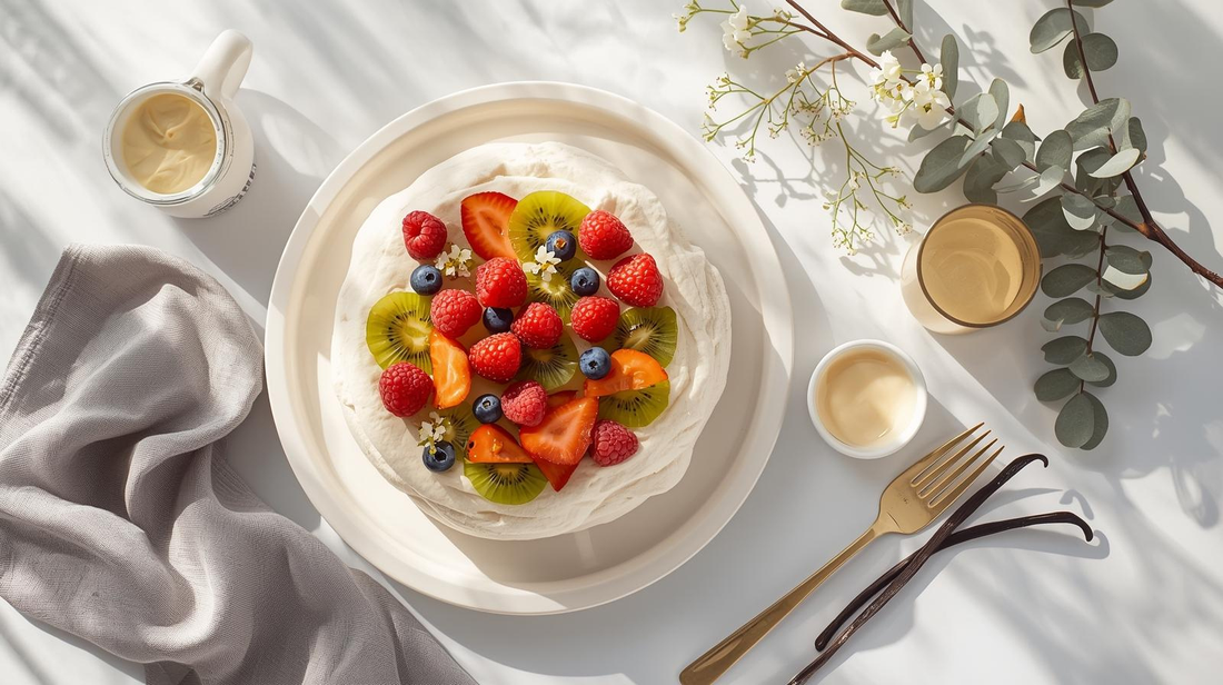 Australian Christmas pavlova topped with fresh summer fruit and vanilla bean whipped cream, made with real vanilla beans.