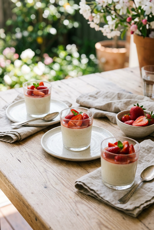 Three glasses of vanilla bean panna cotta topped with strawberries on a spring table