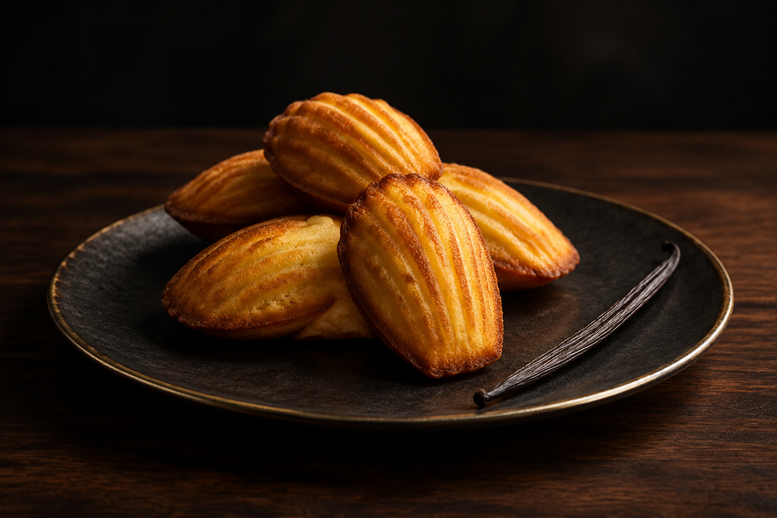 Golden French madeleines on a dark plate with a whole vanilla bean pod, styled in moody warm light