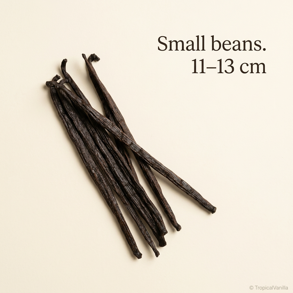 Short Madagascar vanilla beans arranged diagonally with an 11–13 cm caption