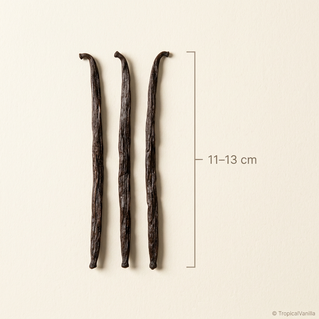 Madagascar vanilla bean size guide showing the 11–13 cm length range