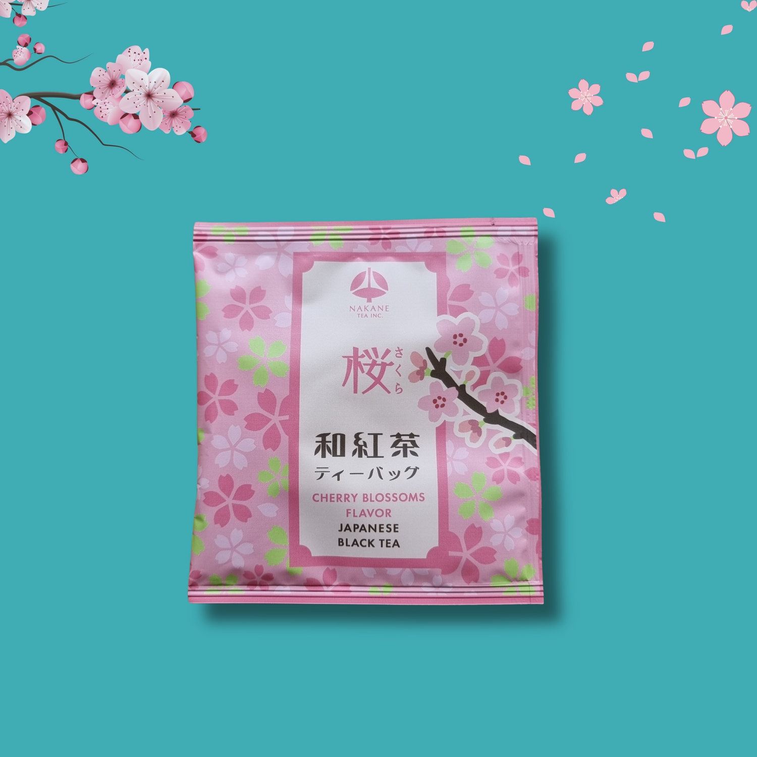 Pink cherry blossom-themed tea package on a teal background with cherry blossoms.