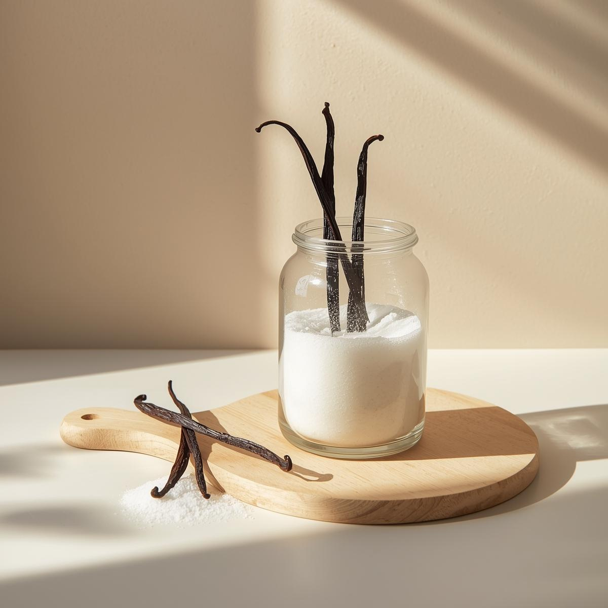 Vanilla beans with sugar in a glass jar on a wooden board with a neutral background.